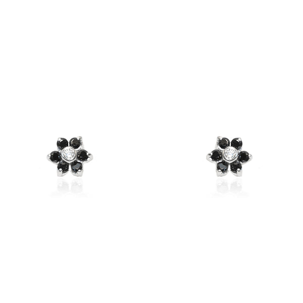 Pendientes Bebe-Niña Oro Blanco 9K Flor Margarita Circonita Negra Brillo