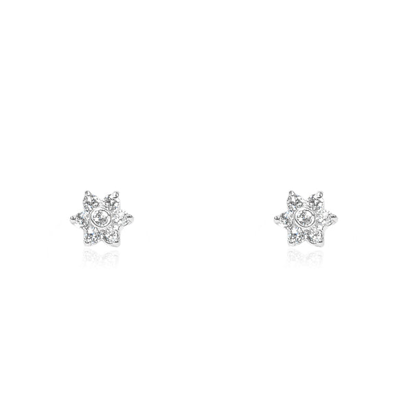 Pendientes Bebe-Niña Oro Blanco 9K Flor Margarita Circonita Brillo