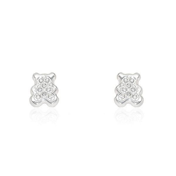 Pendientes Niña Oro Blanco 18K Oso Circonitas Brillo