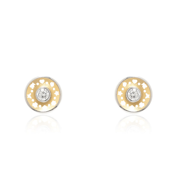 18ct two color gold Round Cubic Zirconia Earrings Matte Shine