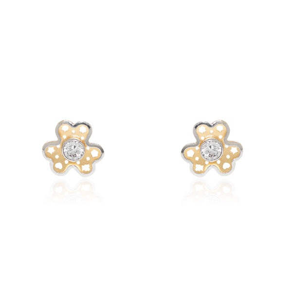 18ct two color gold Trebol Cubic Zirconia Children's Girls Earrings Matte Shine