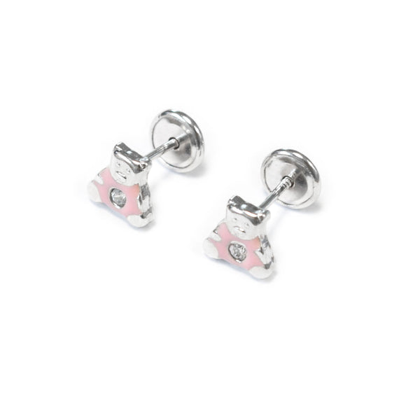 925 Sterling Silver Pink Enamel Bear Cubic Zircon shine earrings