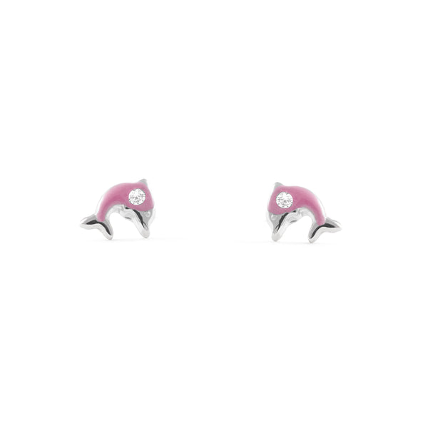 925 Sterling Silver Pink Enamel Dolphin Cubic Zircon shine earrings