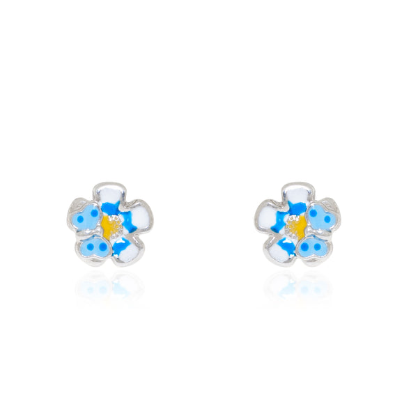 925 Sterling Silver Blue Enamel Flower shine earrings