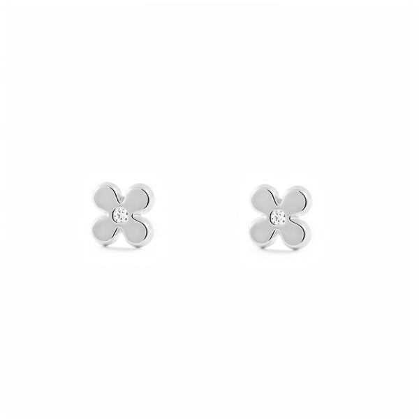 Pendientes Niña Oro Blanco 9K Flor Circonita Brillo