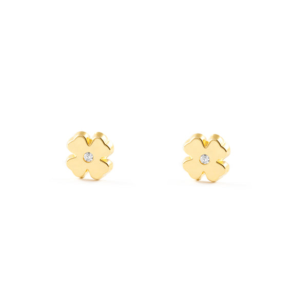 9ct Yellow Gold Trebol Cubic Zirconia Children's Girls Earrings shine