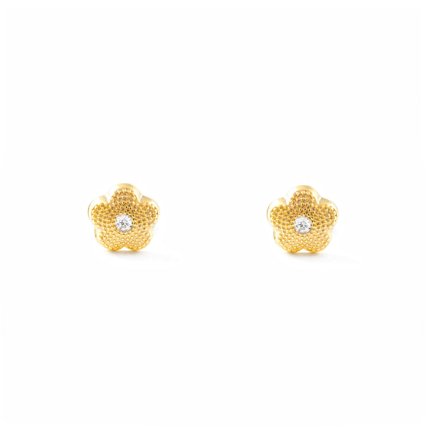 Pendientes Niña Oro Amarillo 9K Flor Margarita Circonita Texturado