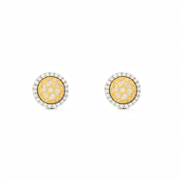 9ct two color gold Nacre Round Cubic Zirconia Earrings shine
