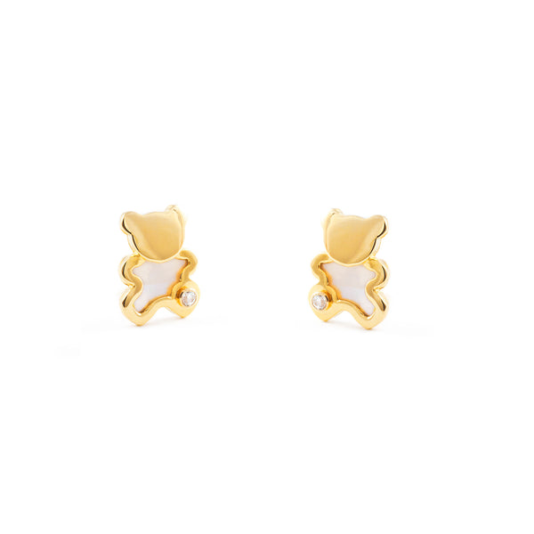 9ct Yellow Gold Nacre Bear Cubic Zirconia Children's Girls Earrings shine