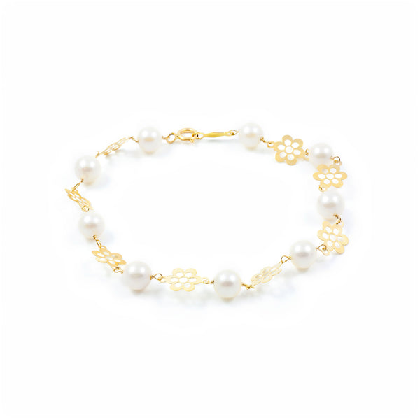 18ct Yellow Gold 6mm Round Pearl Flower Shine Girls Bracelet 18cm