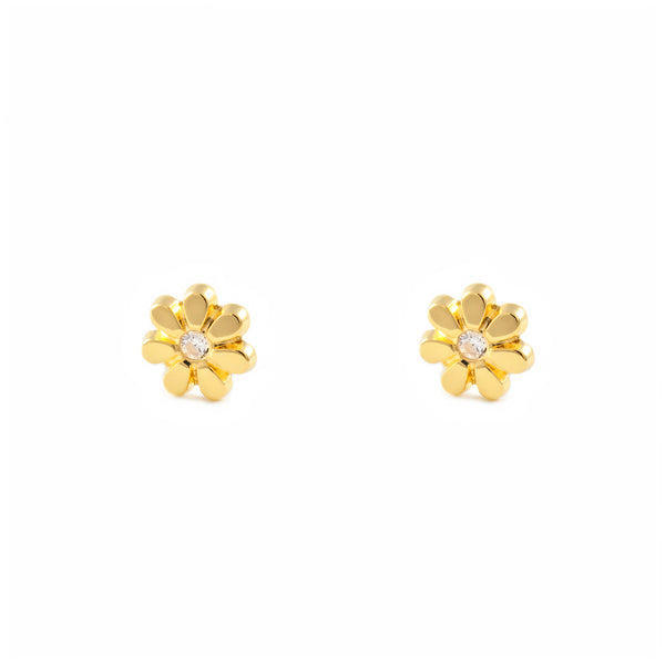 Pendientes Bebe-Niña Oro Amarillo 9K Flor Margarita Circonita Brillo