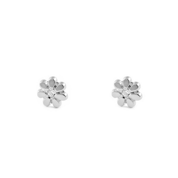 Pendientes Bebe-Niña Oro Blanco 9K Flor Margarita Circonita Brillo