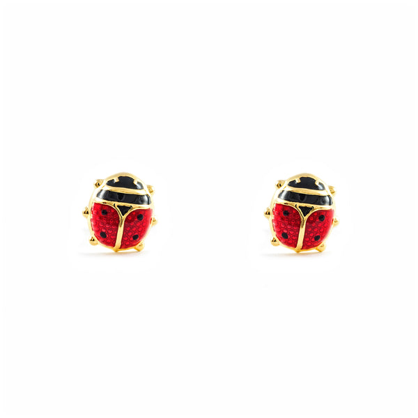 Pendientes Mujer-Niña Oro Amarillo 18K Mariquita Esmalte Rojo-Negro Brillo