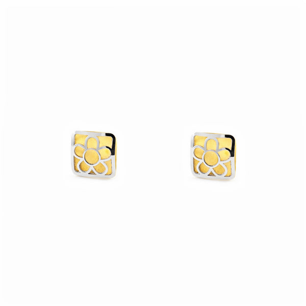 18ct two color gold Square Children's Girls Earrings Matte Shine