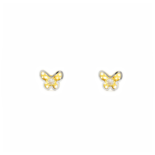 Pendientes Bebe-Niña Oro Bicolor 18K Mariposa Circonita Mate y Brillo