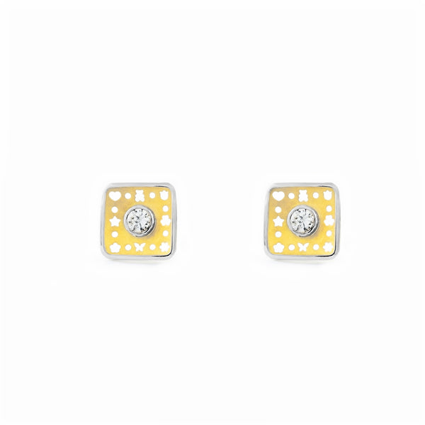 18ct two color gold Square Cubic Zirconia Earrings Matte Shine