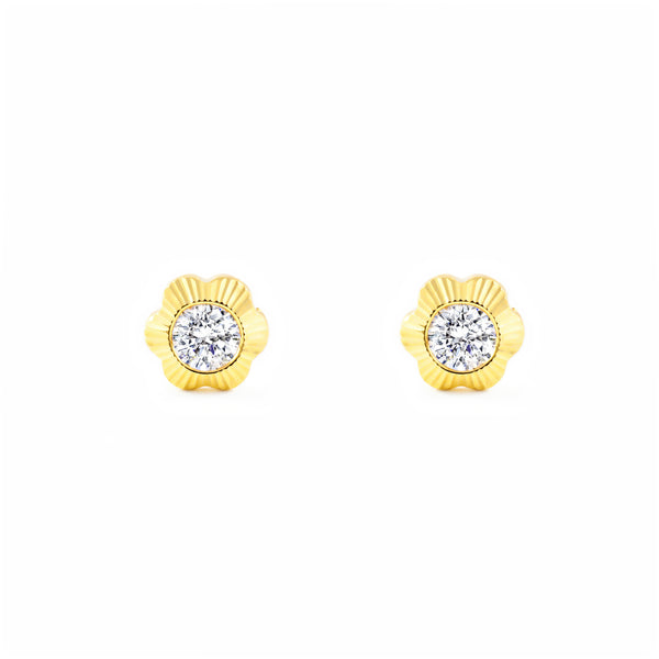 Pendientes Niña Oro Amarillo 18K Flan Flor Margarita Circonita Tallados