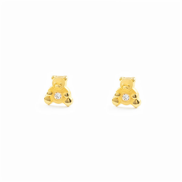 18ct Yellow Gold Bear Cubic Zirconia Children's Baby Girls Earrings Matte Shine