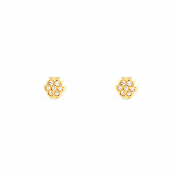 Pendientes Bebe Oro Amarillo 18K Flor Margarita Circonitas Brillo