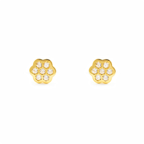 Pendientes Niña Oro Amarillo 18K Flor Margarita Circonitas Brillo