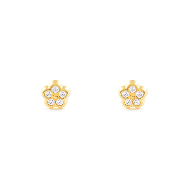 Pendientes Niña Oro Amarillo 18K Flor Margarita Circonitas Brillo