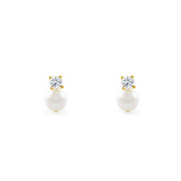 Pendientes Niña Oro Amarillo 18K Tu y Yo Perla Redonda 4 mm Circonita Brillo