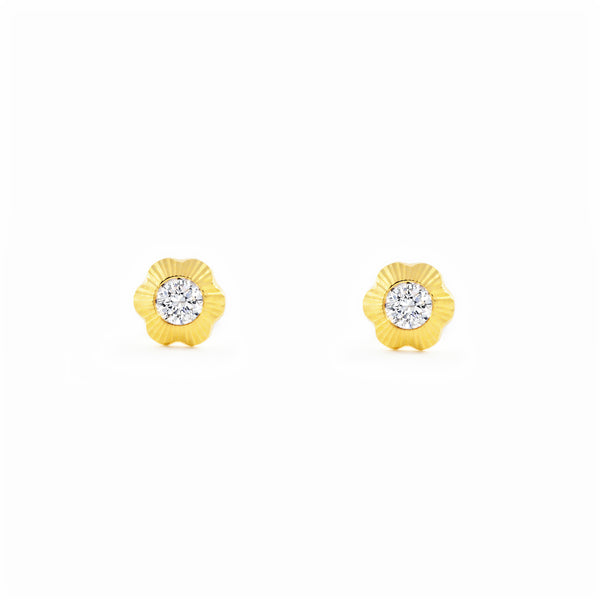 Pendientes Niña Oro Amarillo 18K Flan Flor Margarita Circonita Tallados