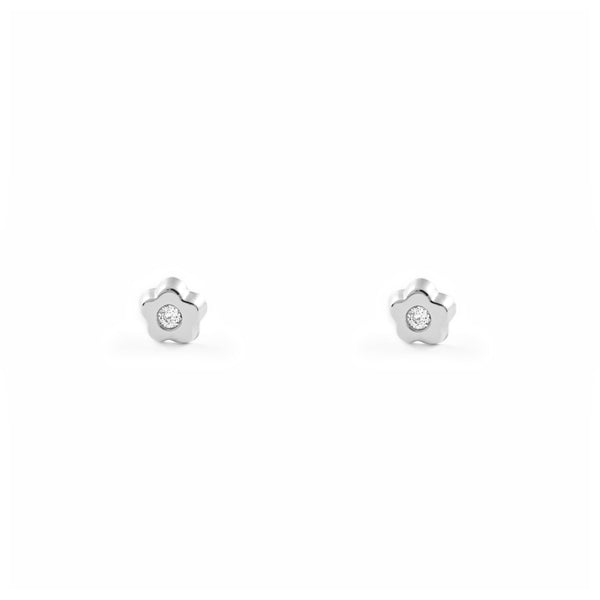 9ct White Gold Daisy Flower Cubic Zirconia Children's Baby Earrings shine