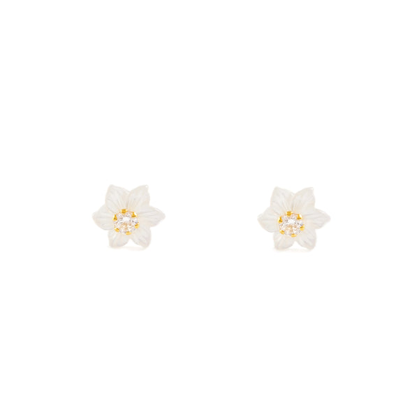 18ct Yellow Gold Nacre Flower Cubic Zirconia 2 mm Children's Girls Earrings shine