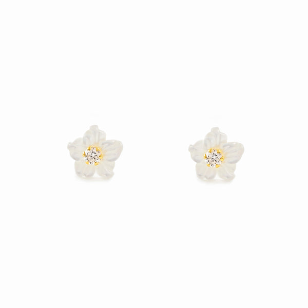 18ct Yellow Gold Nacre Flower Cubic Zirconia 2 mm Children's Girls Earrings shine