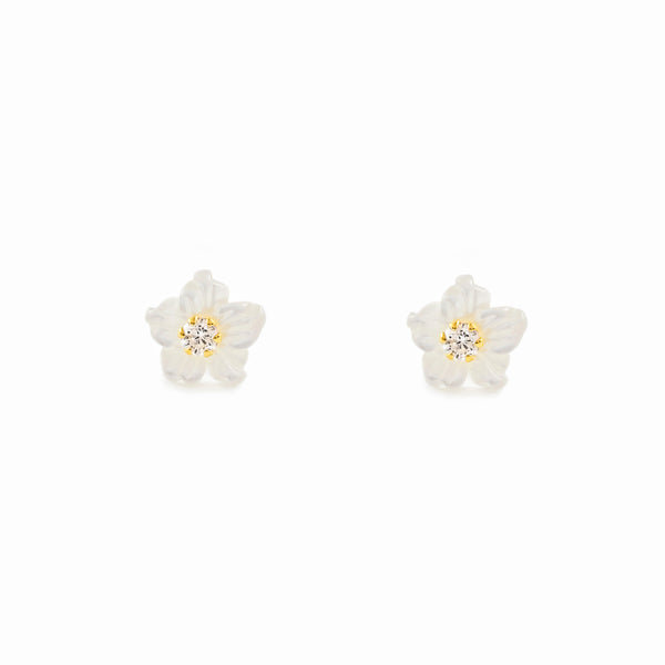 Pendientes Niña Oro Amarillo 9K Nacar Flor Circonita 2 mm Brillo