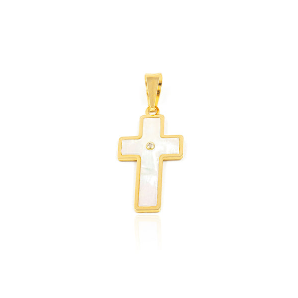 18ct Yellow Gold Nacre religious pendant cross 18x12 mm shine