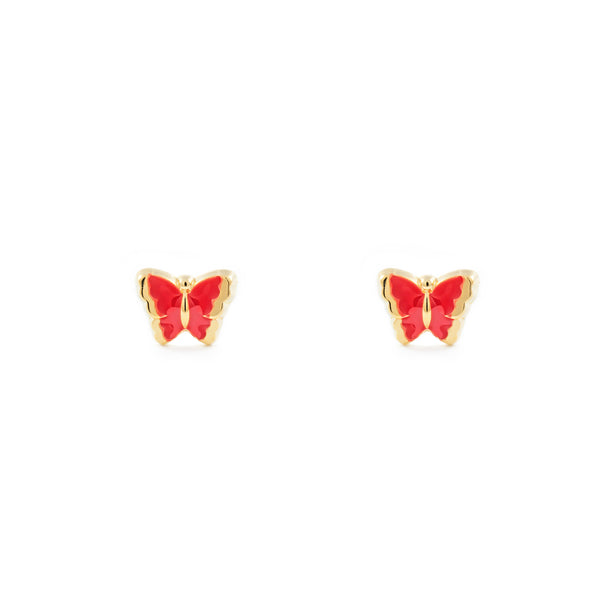 Pendientes Bebe-Niña Oro Amarillo 18K Mariposa Esmalte Rojo Brillo