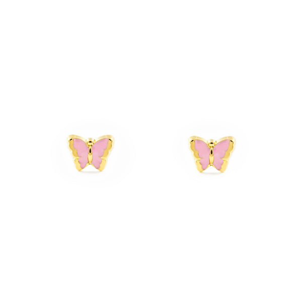 18ct Yellow Gold Light Pink Enamel Butterfly Children's Baby Girls Earrings shine