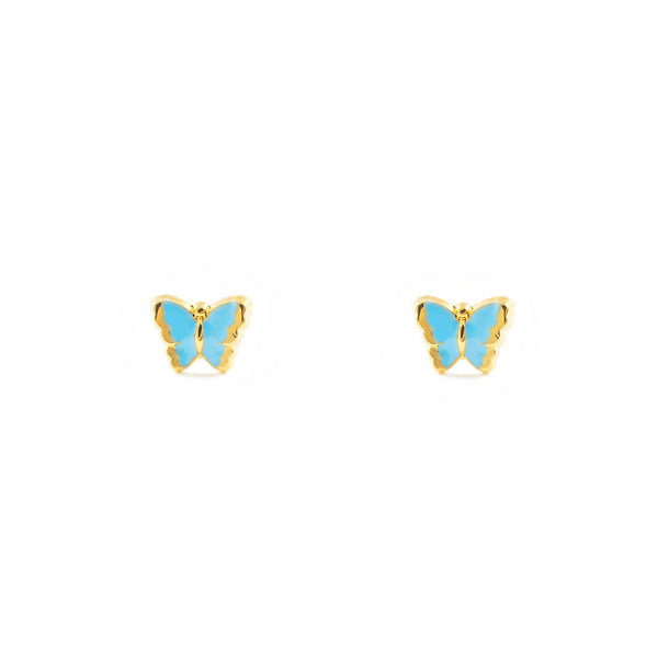 Pendientes Bebe-Niña Oro Amarillo 18K Mariposa Esmalte Azul Claro Brillo