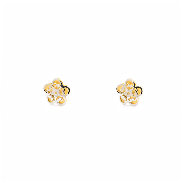 9ct two color gold Flower Children's Baby Girls Earrings Matte Shine