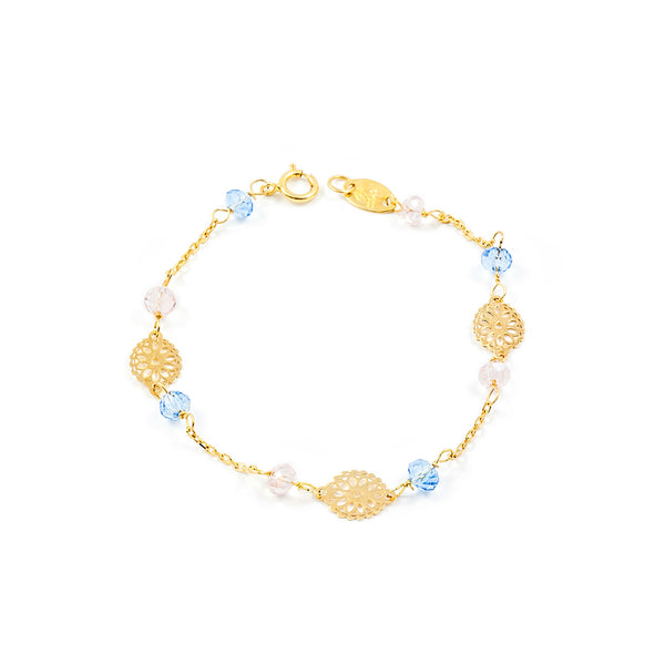 18ct Yellow Gold Girls Bracelet Blue Glitter Flowers 13 cm