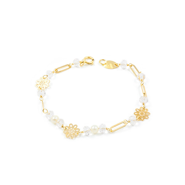 18ct Yellow Gold Round Pearl 3.5mm Rose Flower Shine Girls Bracelet 13cm