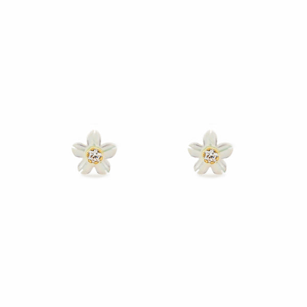 Pendientes Niña Oro Amarillo 18K Nacar Flor Circonita 2 mm Brillo