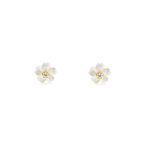9ct Yellow Gold Nacre Flower Cubic Zirconia 2 mm Children's Girls Earrings shine