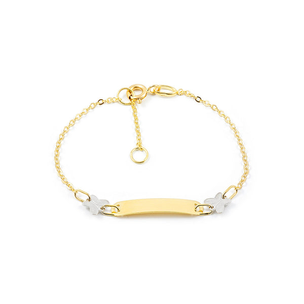 Pulsera Niña Oro Bicolor 18K Personalizada Esclava Mariposa Brillo 14 cm