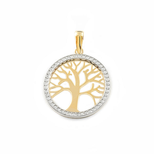 9ct two color gold Tree of Life Cubic Zirconia pendant shine