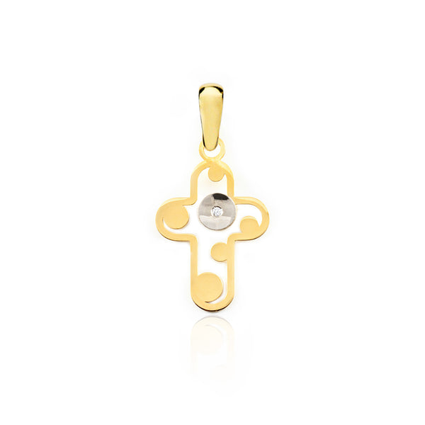 Cruz Oro Bicolor 18K Circulos Diamante Brillo 19 x 12 mm