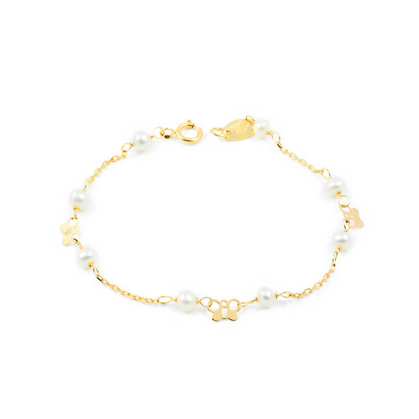 18ct Yellow Gold Round Pearl 3mm Butterfly Shine Girls Bracelet 13cm