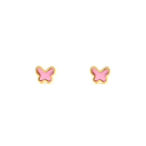 Pendientes Bebe-Niña Oro Amarillo 18K Mariposa Esmalte Rosa Brillo