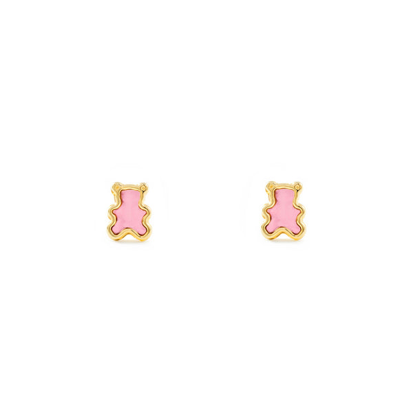 9ct Yellow Gold Pink Enamel Bear Children's Girls Earrings shine