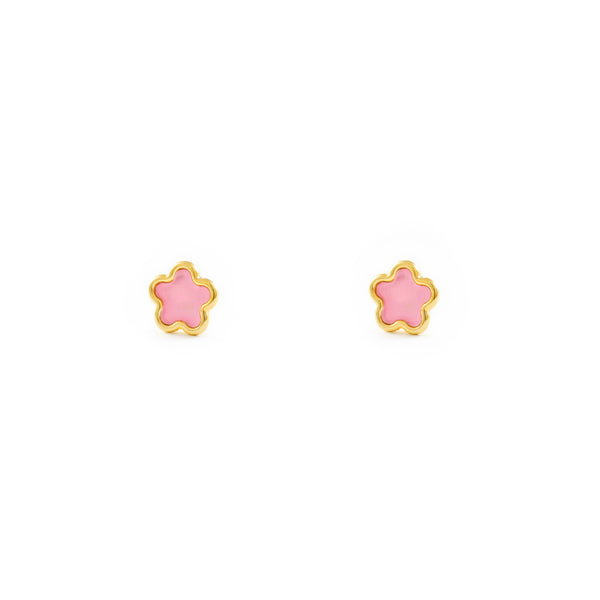 Pendientes Niña Oro Amarillo 9K Flor Margarita Esmalte Rosa Brillo