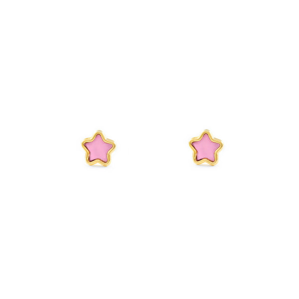 9ct Yellow Gold Pink Enamel Star Children's Girls Earrings shine