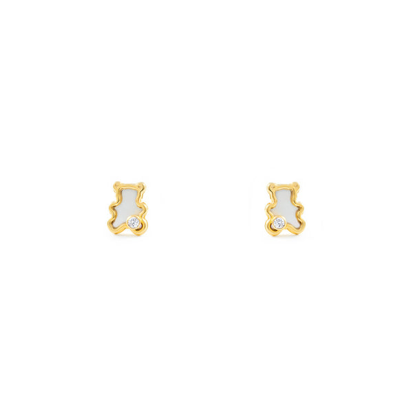 9ct Yellow Gold Nacre Bear Cubic Zirconia Children's Baby Girls Earrings shine