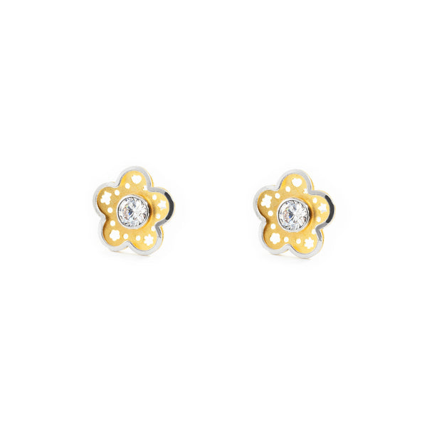 18ct two color gold Flower Cubic Zirconia Earrings Matte Shine
